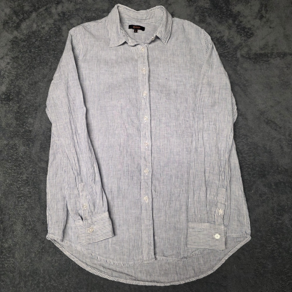 Quince Linen Shirt Womens Sm Blue Pinstripe Longsleeve minimalist